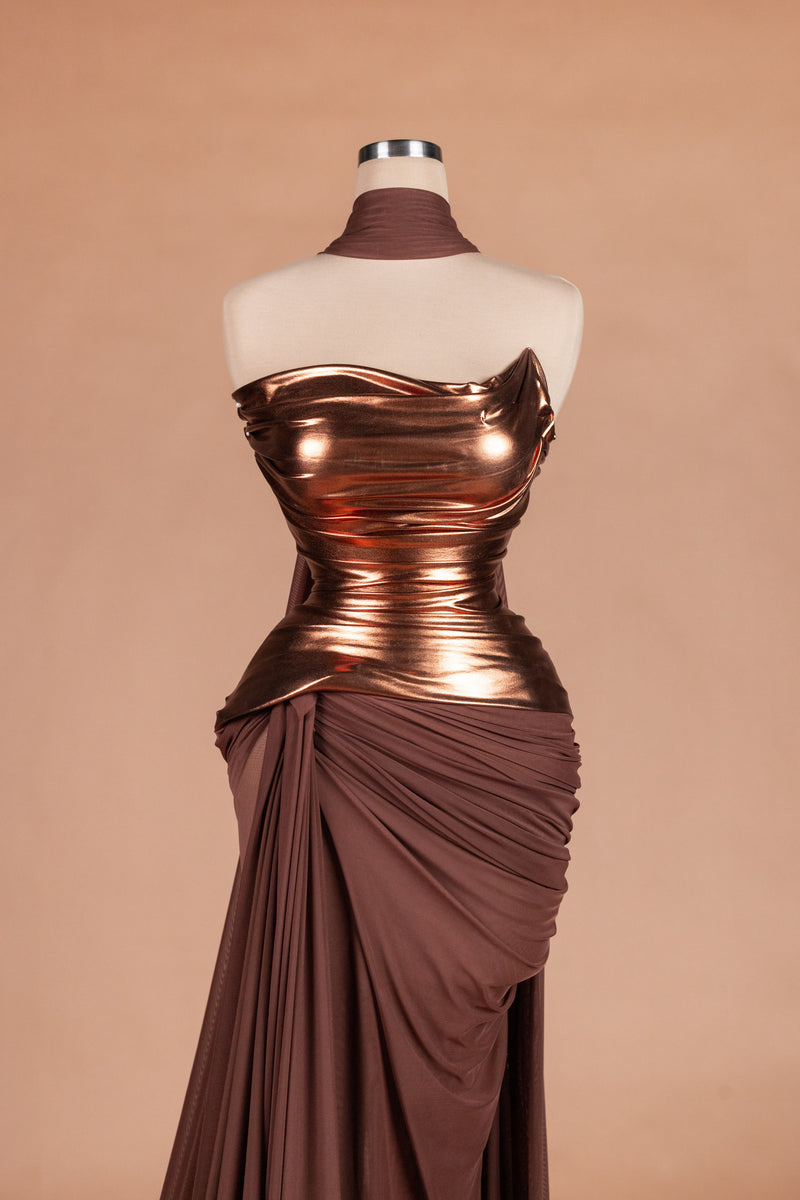 Sihëna Bronze Goddess — bronze sweetheart sleeveless mermaid evening dress
