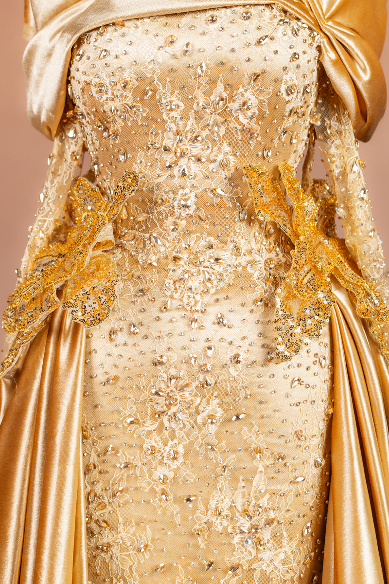 Sihëna Midas Dynasty — gold high-neck long-sleeve column evening dress