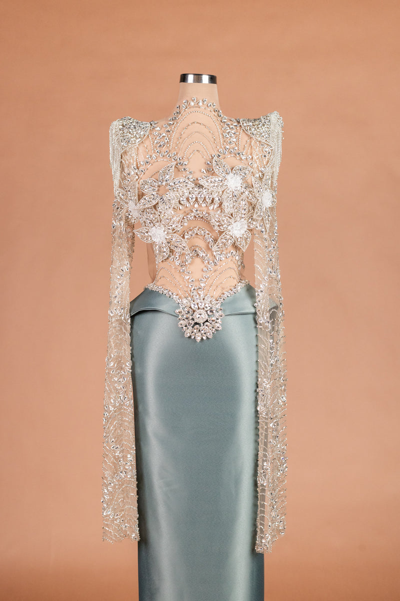 Sihëna Silver Lotus — sage-green high-neck long-sleeve column evening dress