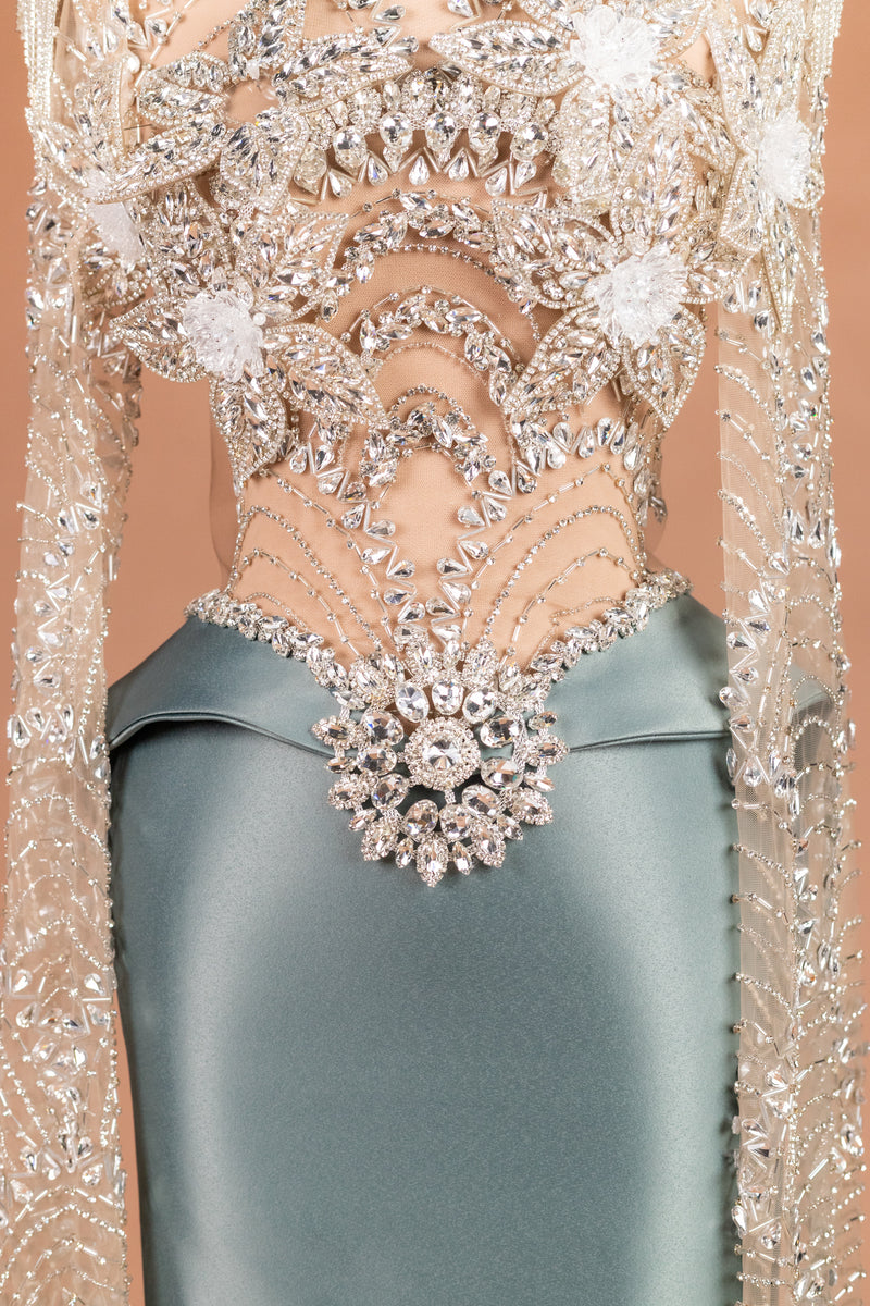 Sihëna Silver Lotus — sage-green high-neck long-sleeve column evening dress