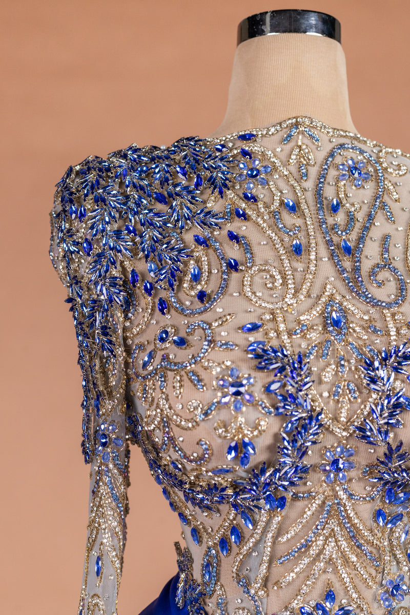 Sihëna Sapphire Regent — cobalt high-neck long-sleeve mermaid evening dress