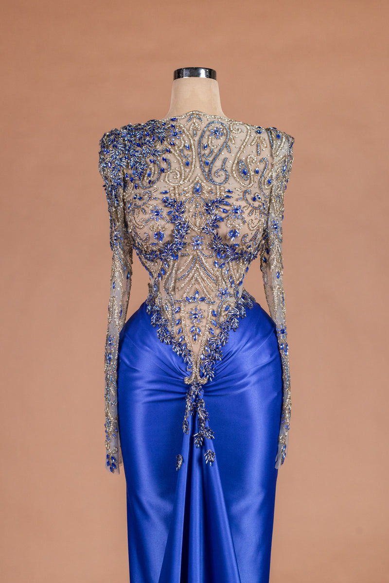 Sihëna Sapphire Regent — cobalt high-neck long-sleeve mermaid evening dress