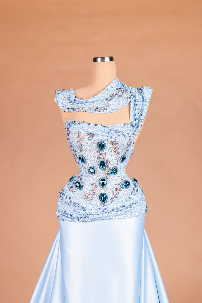 Sihëna Cerulean Dream — powder-blue asymmetric sleeveless a-line evening dress