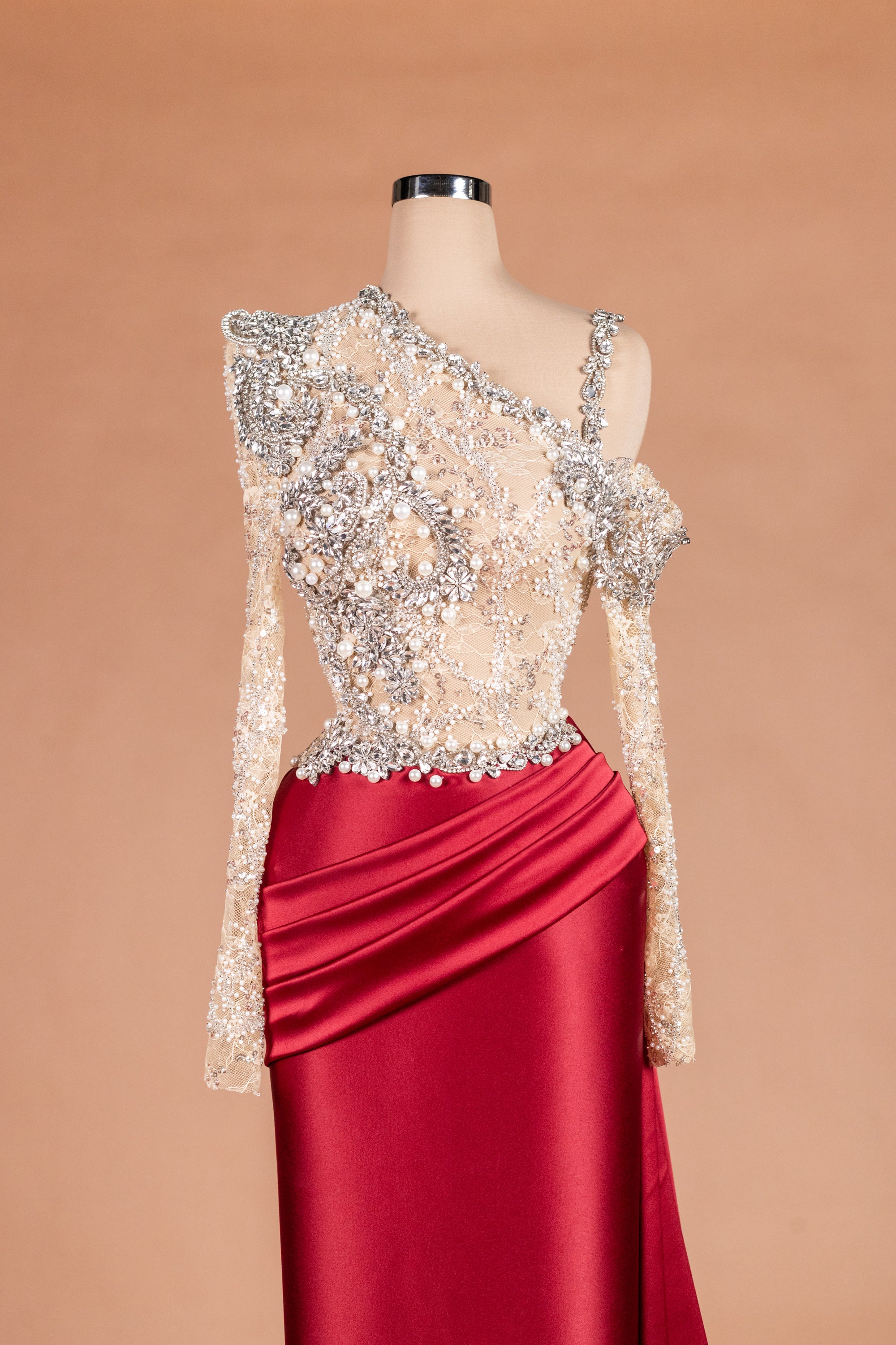 Sihëna Crimson Courtesan — crimson asymmetric long-sleeve mermaid evening dress