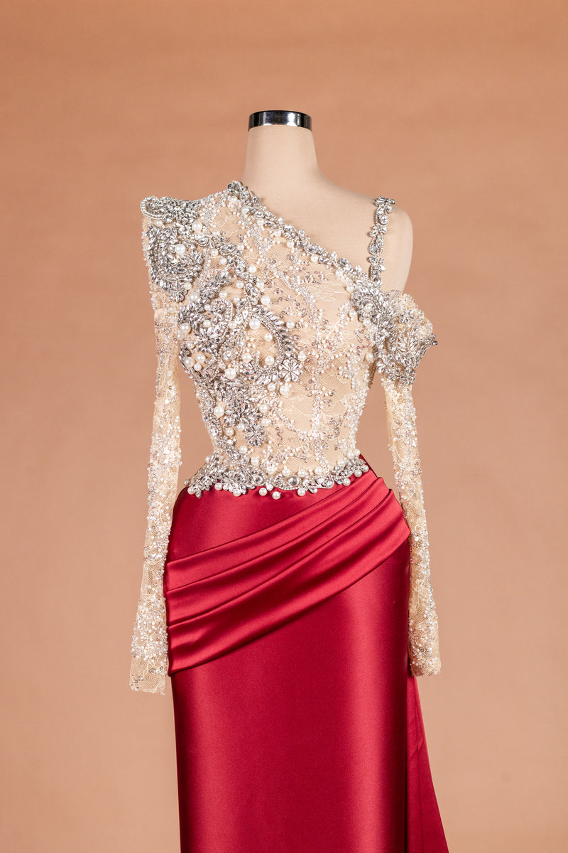 Sihëna Crimson Courtesan — crimson asymmetric long-sleeve mermaid evening dress