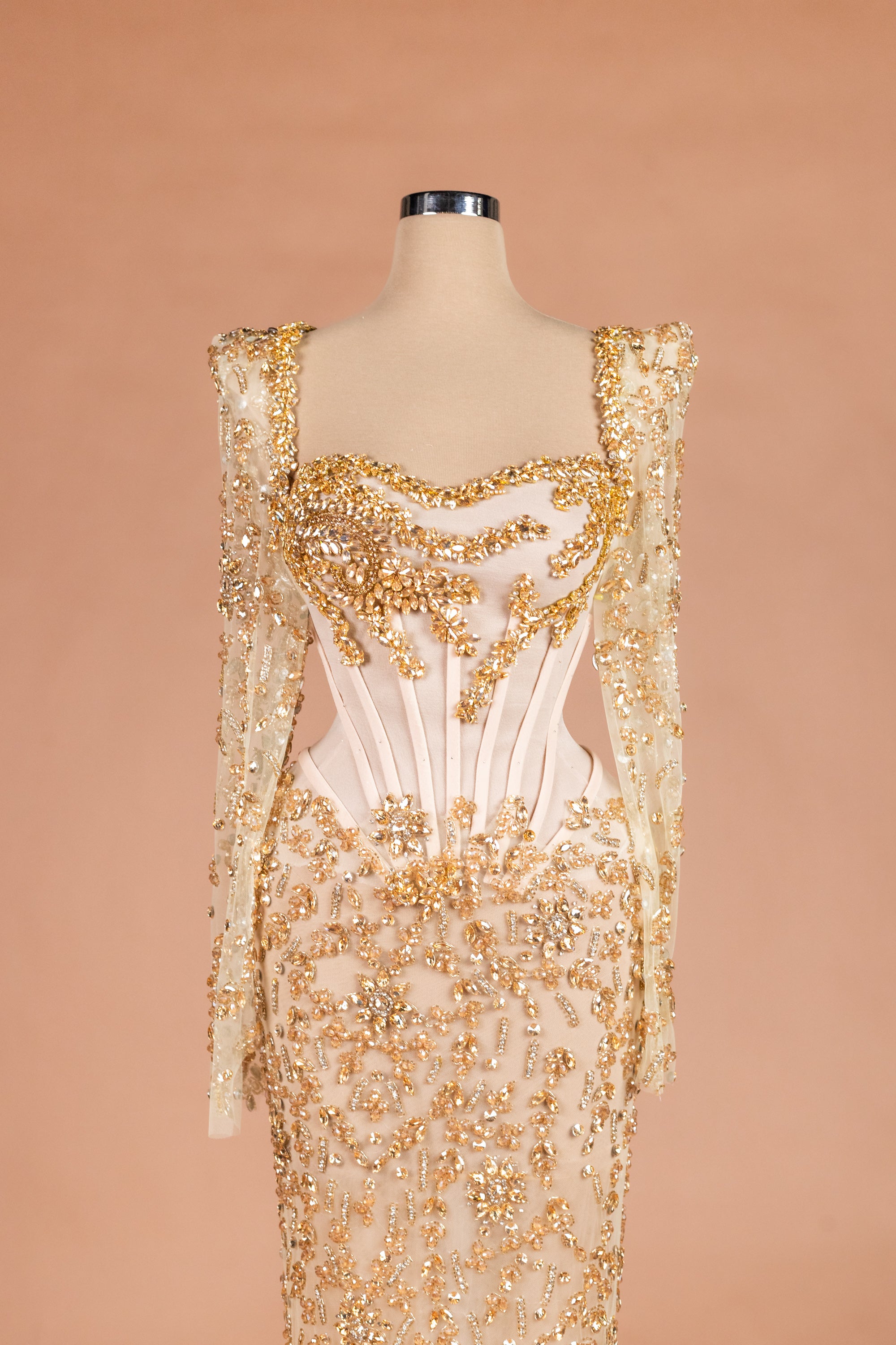 Sihëna Golden Starlight — champagne square long-sleeve column evening dress