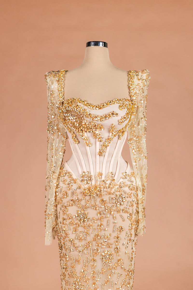 Sihëna Golden Starlight — champagne square long-sleeve column evening dress