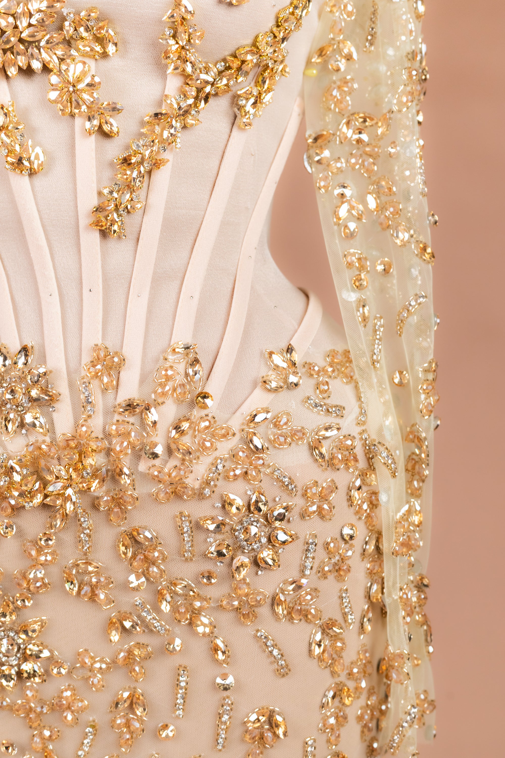 Sihëna Golden Starlight — champagne square long-sleeve column evening dress