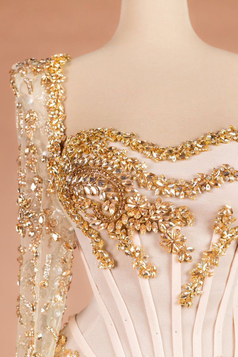 Sihëna Golden Starlight — champagne square long-sleeve column evening dress