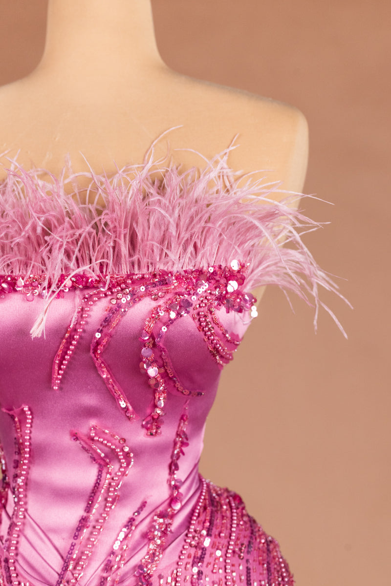 Sihëna Fuchsia Feather — fuchsia strapless sleeveless mermaid evening dress