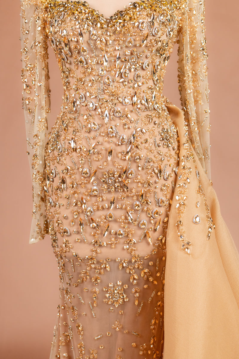 Sihëna Honey Reverie — gold sweetheart long-sleeve mermaid evening dress
