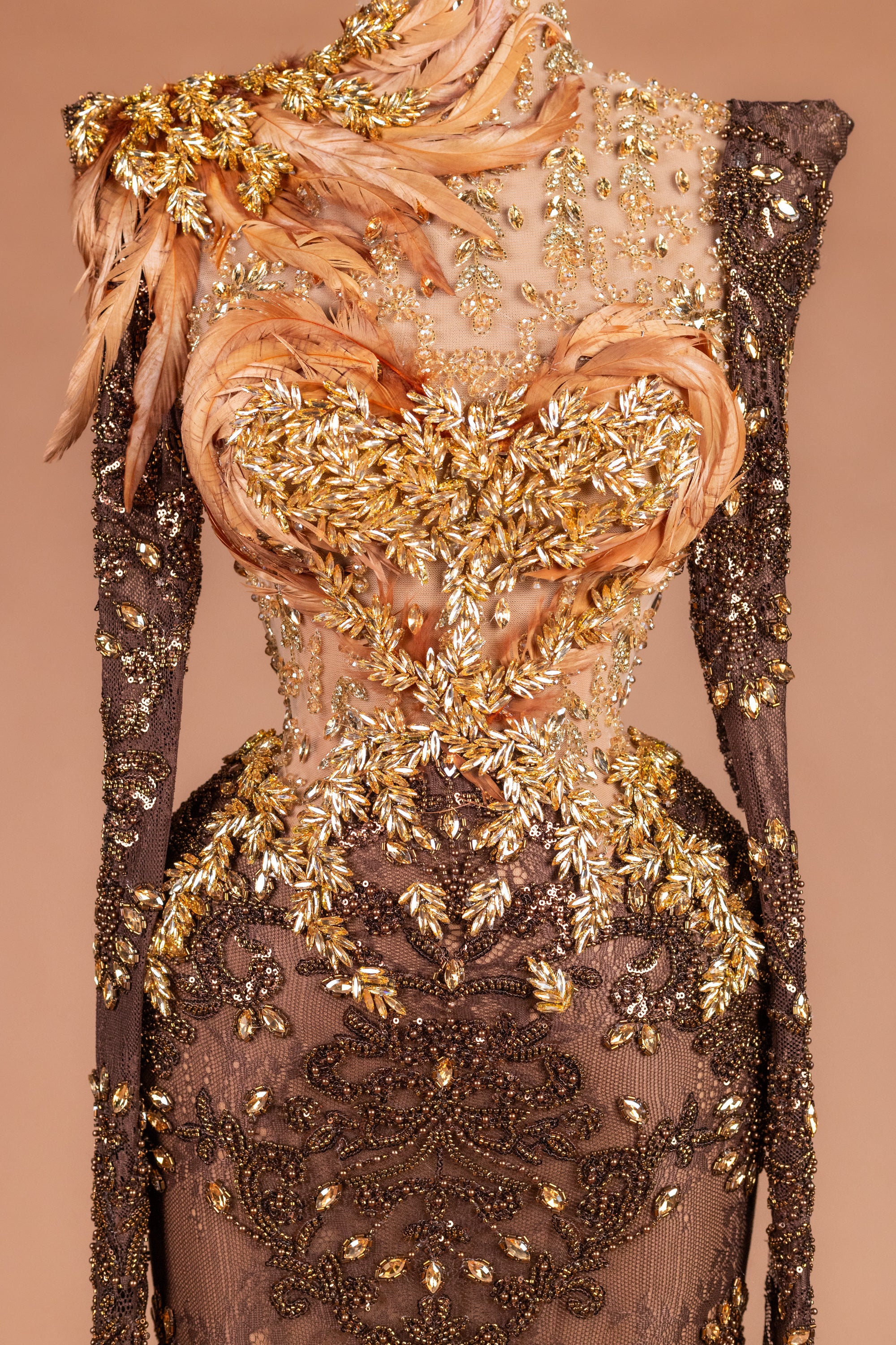 Sihëna Autumn Phoenix — chocolate high-neck long-sleeve column evening dress