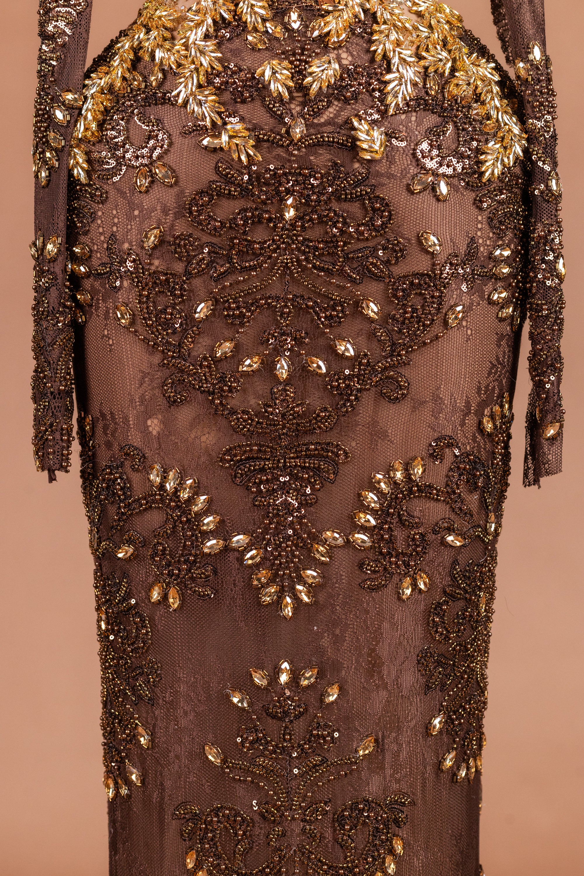 Sihëna Autumn Phoenix — chocolate high-neck long-sleeve column evening dress
