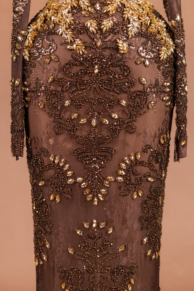 Sihëna Autumn Phoenix — chocolate high-neck long-sleeve column evening dress