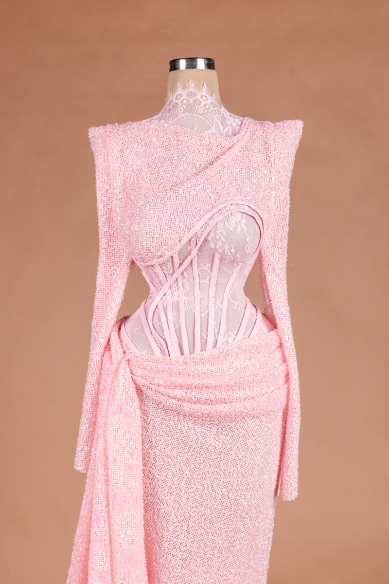 Sihëna Rosé Sugar — pink high-neck long-sleeve mermaid evening dress