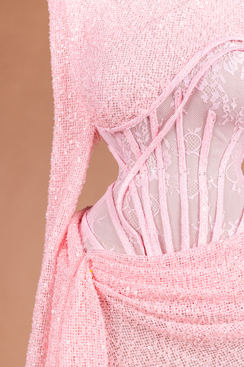 Sihëna Rosé Sugar — pink high-neck long-sleeve mermaid evening dress