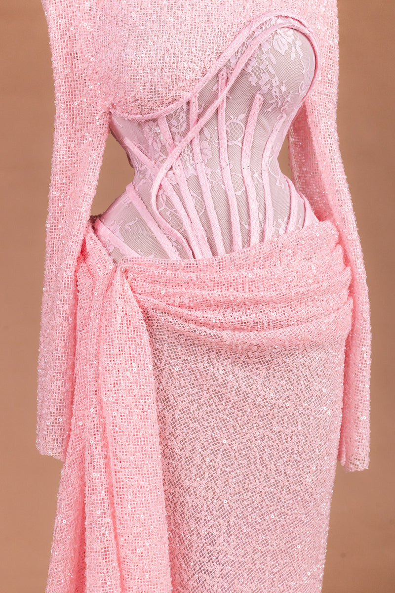 Sihëna Rosé Sugar — pink high-neck long-sleeve mermaid evening dress