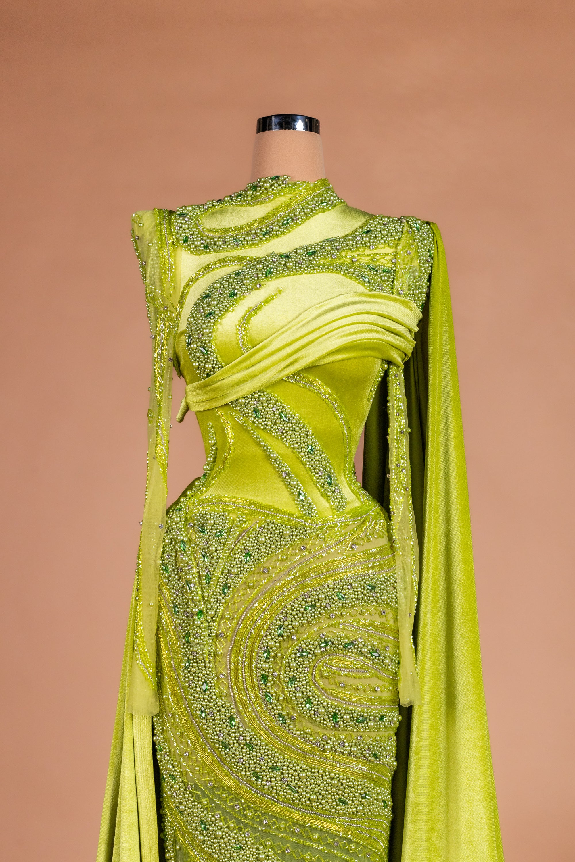 Sihëna Citron Reverie — lime high-neck long-sleeve mermaid evening dress