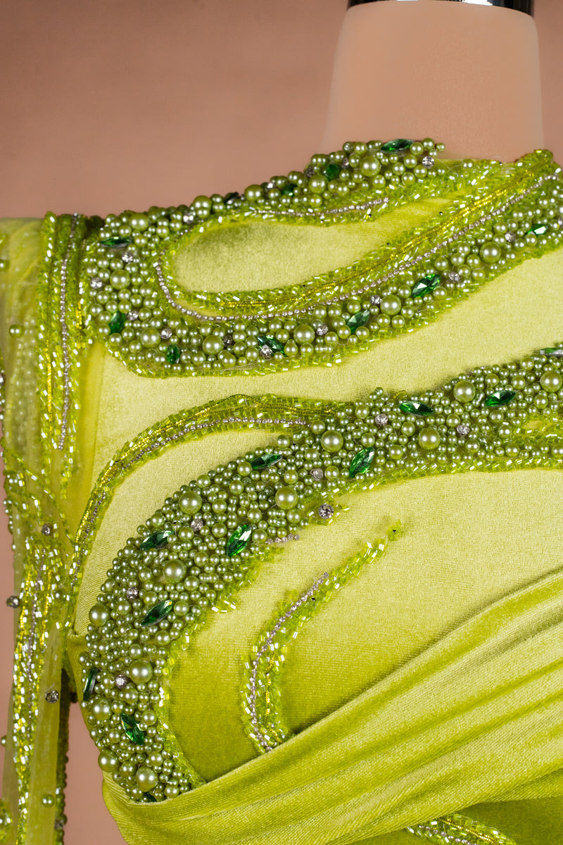 Sihëna Citron Reverie — lime high-neck long-sleeve mermaid evening dress