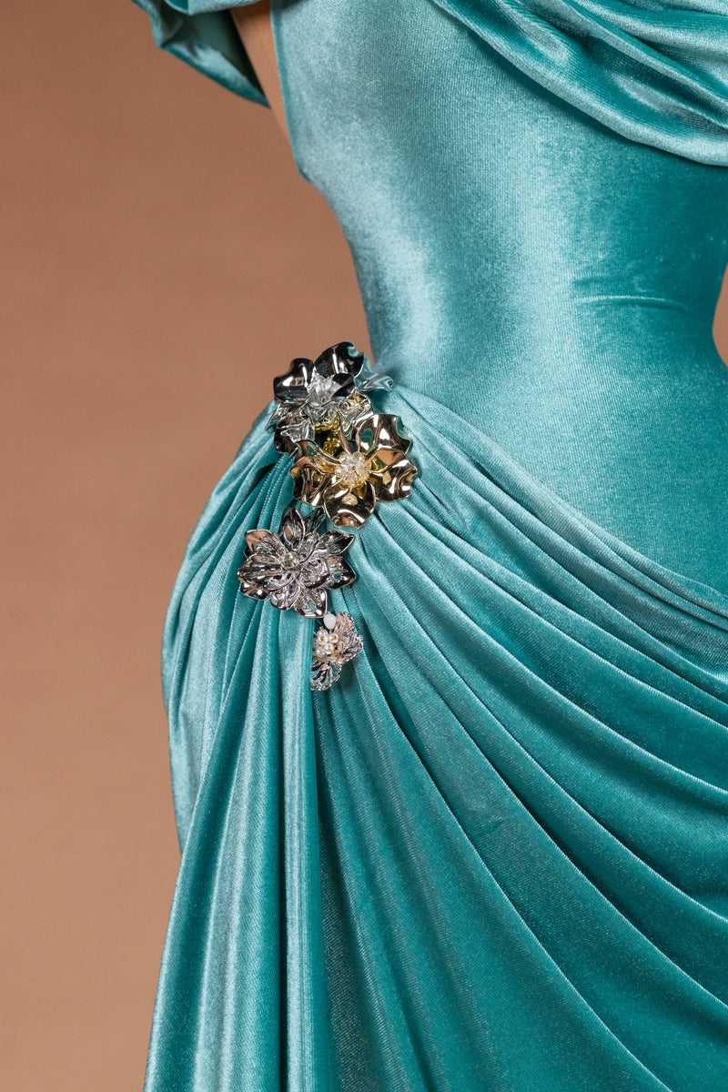 Sihëna Aegean Tide — teal asymmetric off-shoulder fitted evening dress