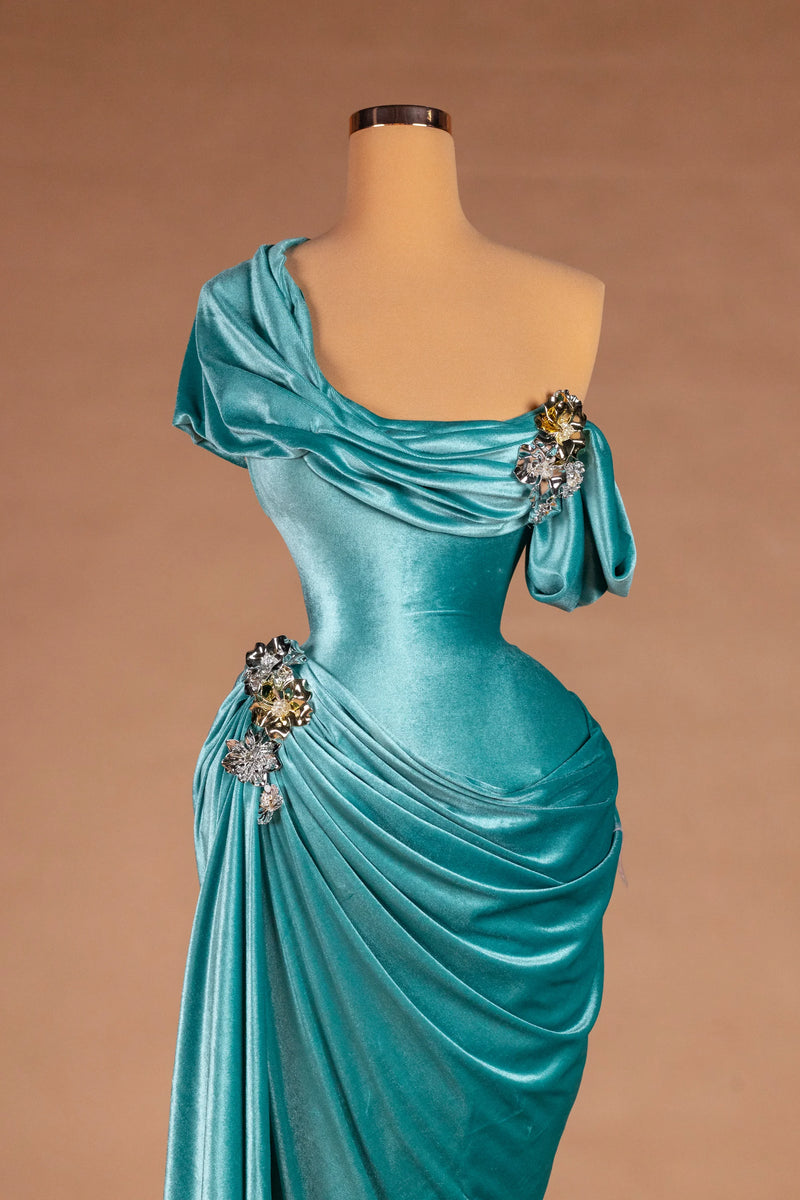 Sihëna Aegean Tide — teal asymmetric off-shoulder fitted evening dress