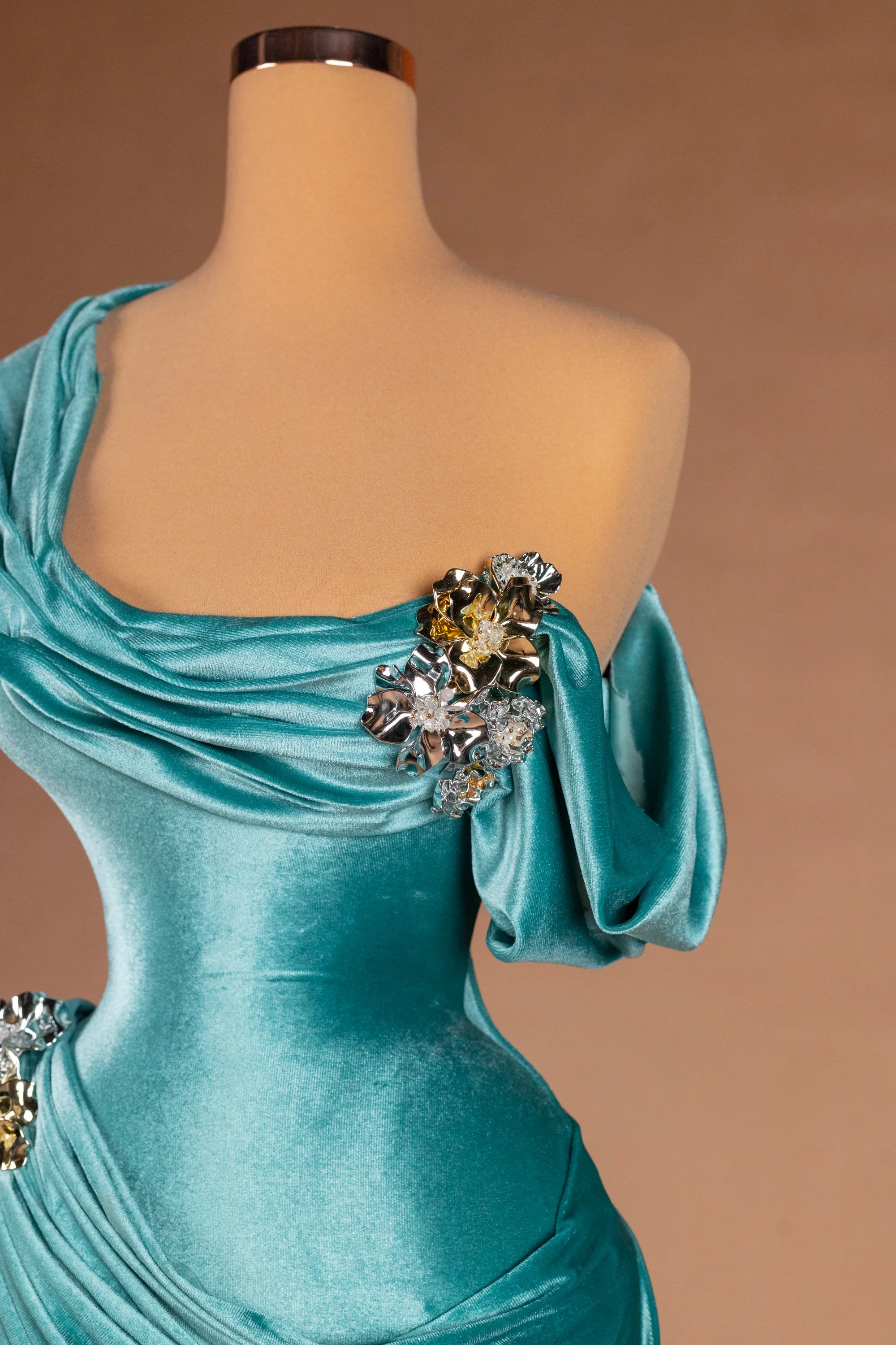 Sihëna Aegean Tide — teal asymmetric off-shoulder fitted evening dress