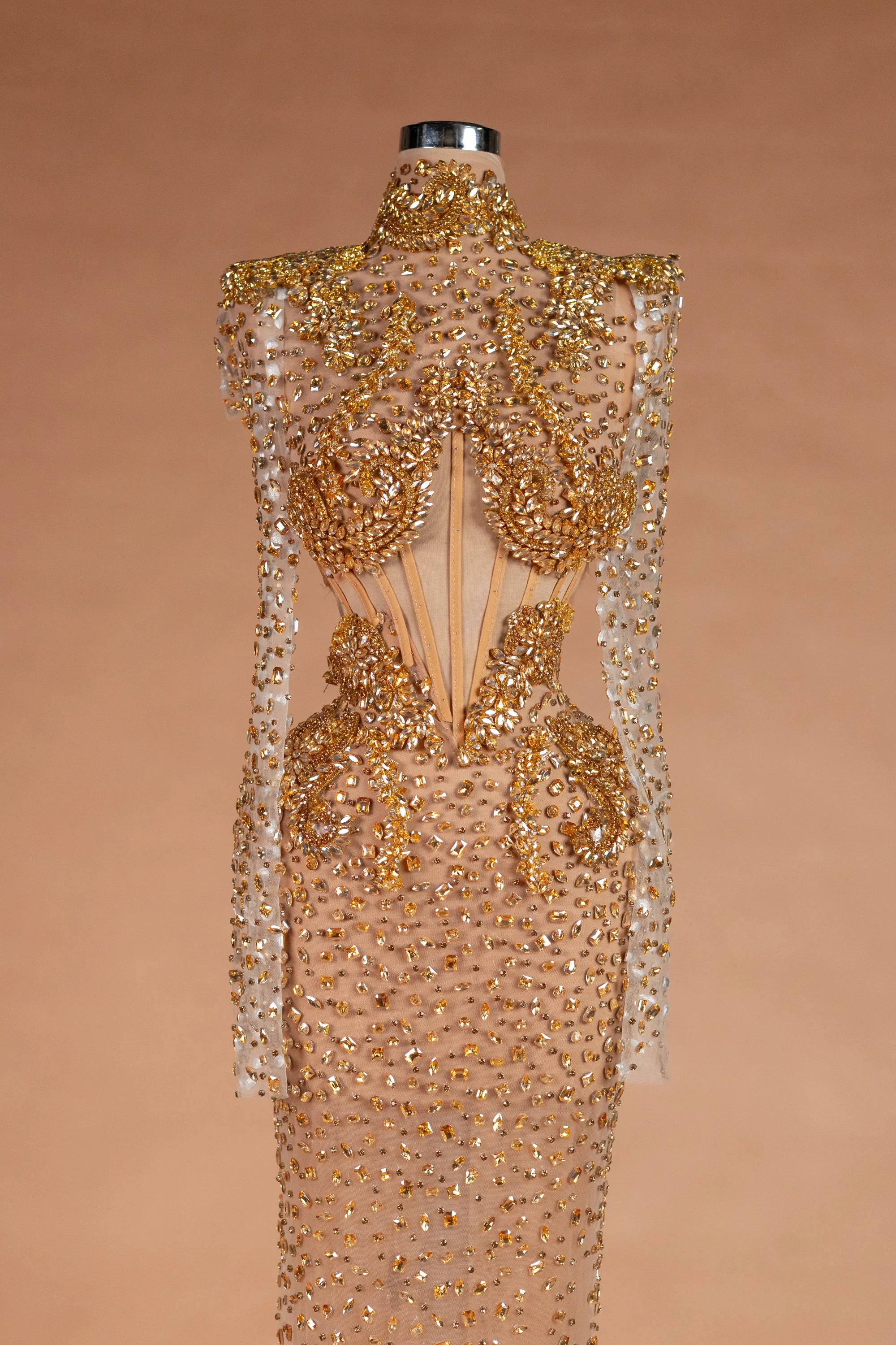 Sihëna Amber Aegis — gold high-neck long-sleeve column evening dress