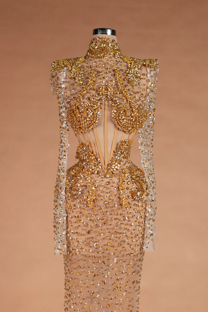 Sihëna Amber Aegis — gold high-neck long-sleeve column evening dress