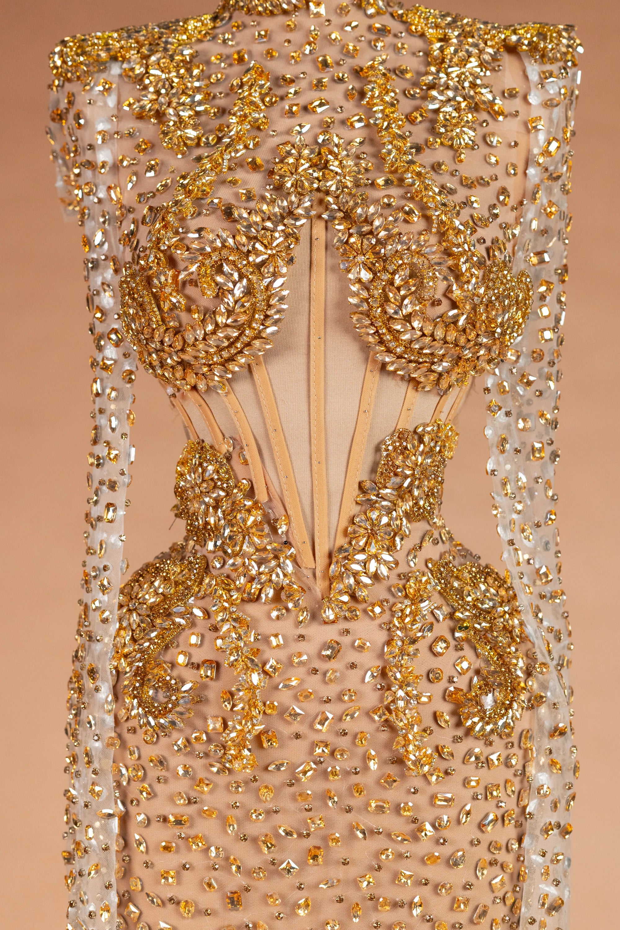 Sihëna Amber Aegis — gold high-neck long-sleeve column evening dress