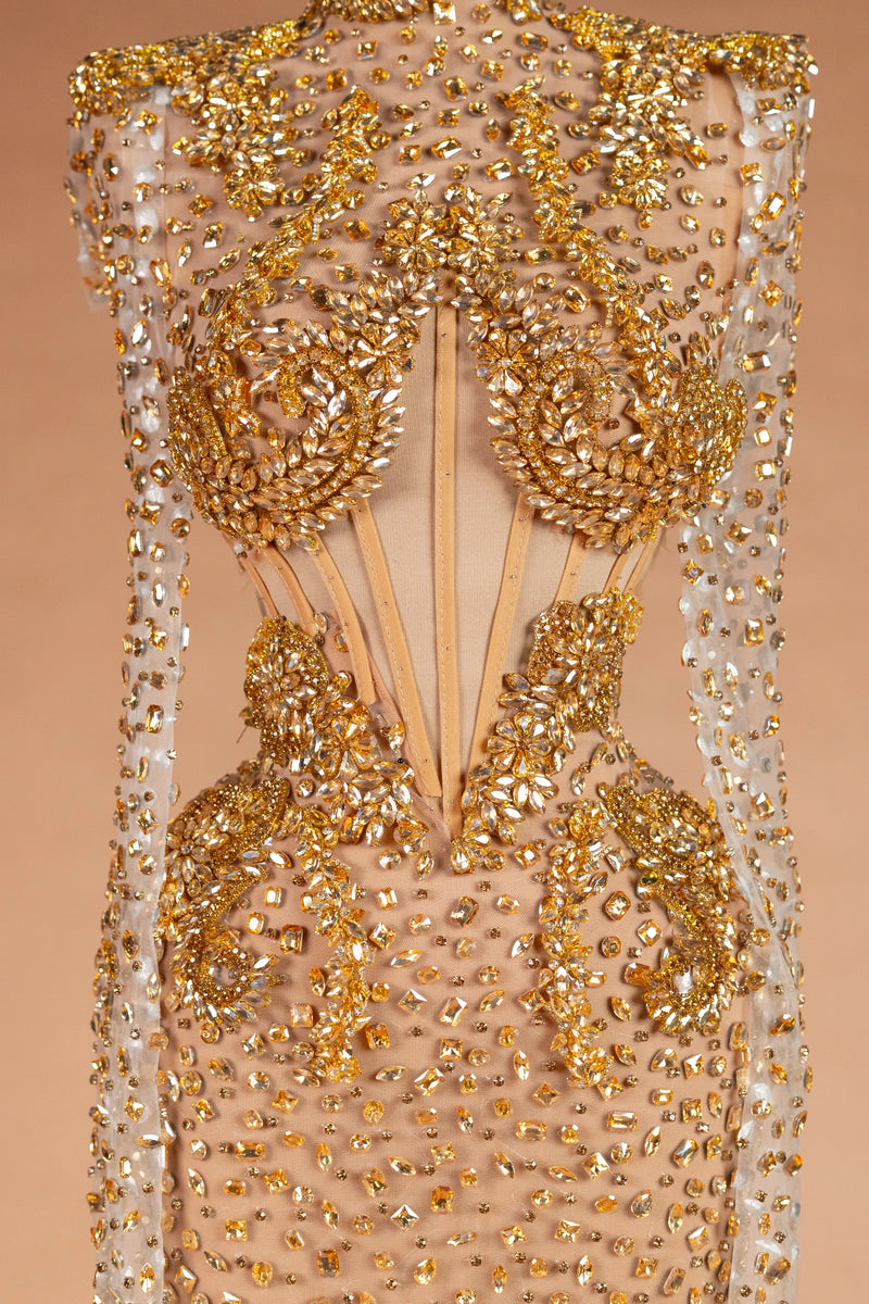 Sihëna Amber Aegis — gold high-neck long-sleeve column evening dress