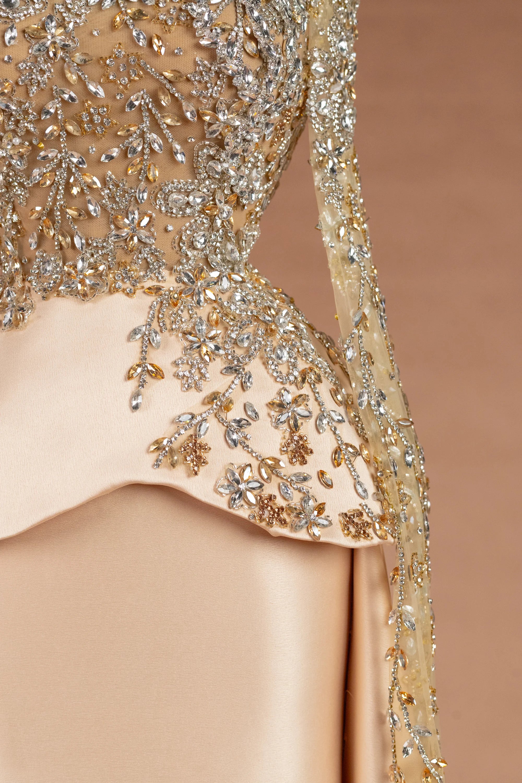 Sihëna Auric Solstice — champagne illusion long-sleeve column evening dress
