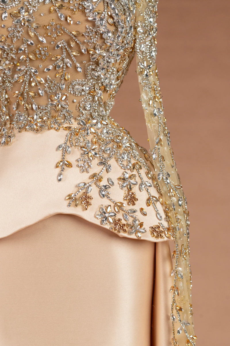 Sihëna Auric Solstice — champagne illusion long-sleeve column evening dress