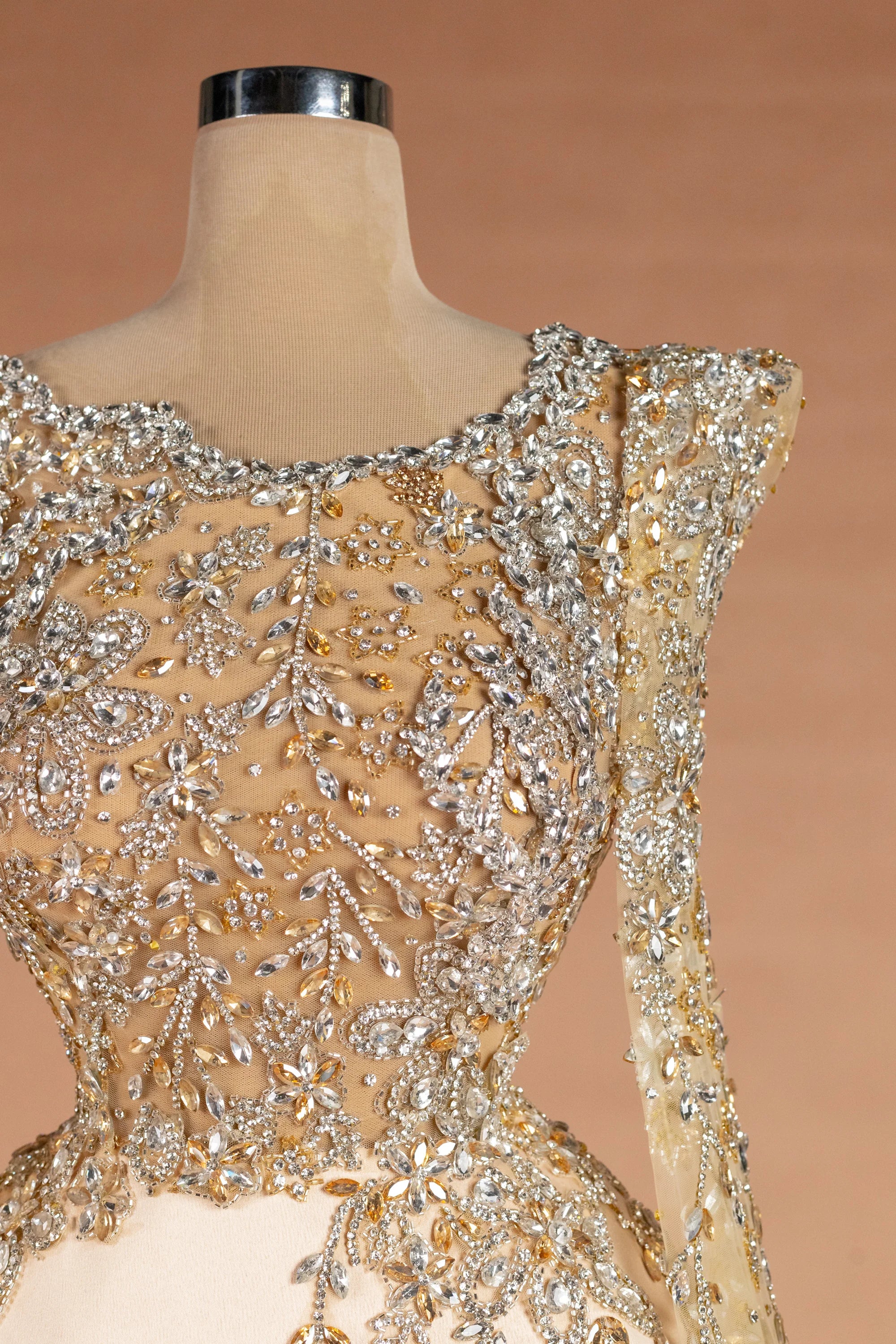 Sihëna Auric Solstice — champagne illusion long-sleeve column evening dress