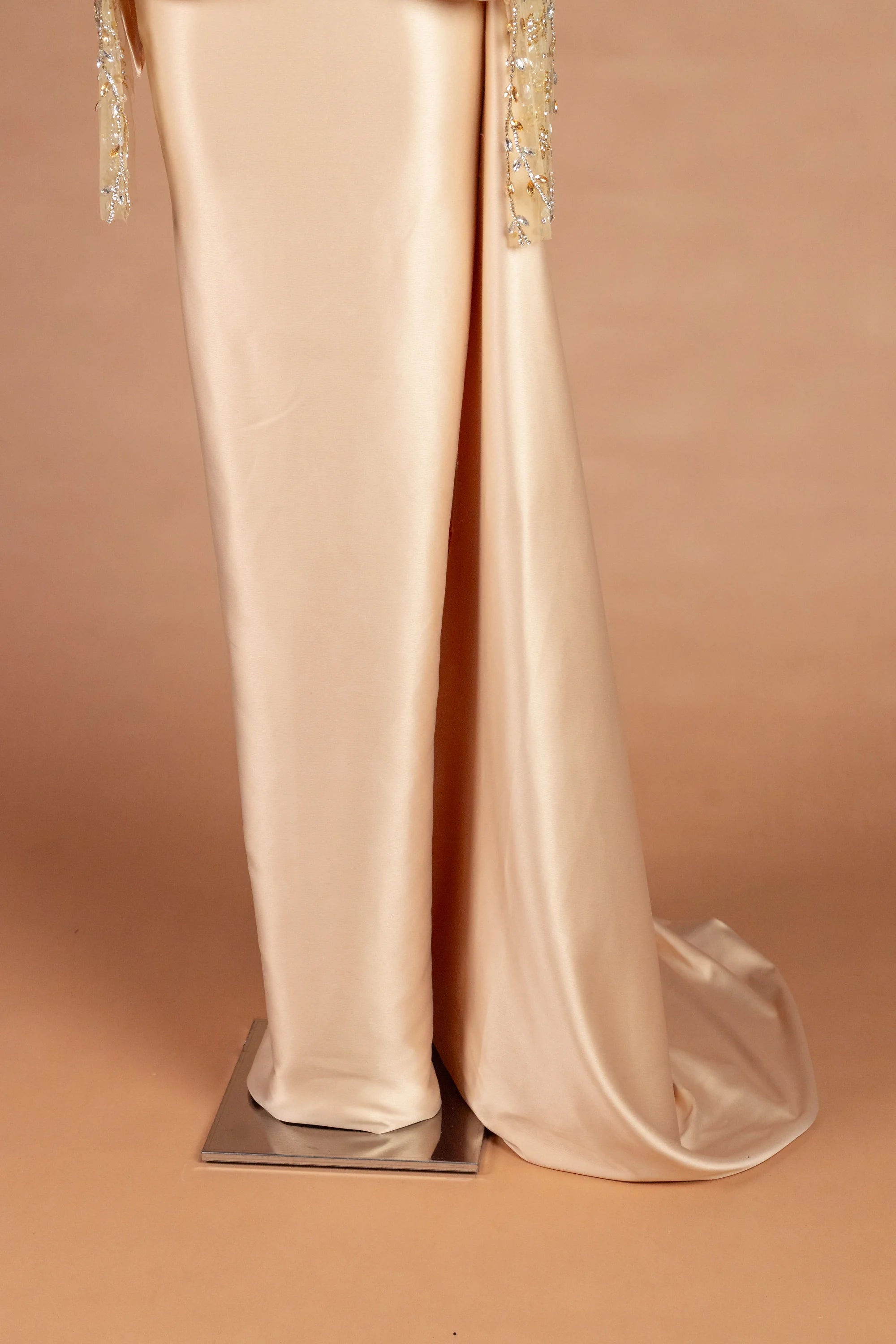 Sihëna Auric Solstice — champagne illusion long-sleeve column evening dress