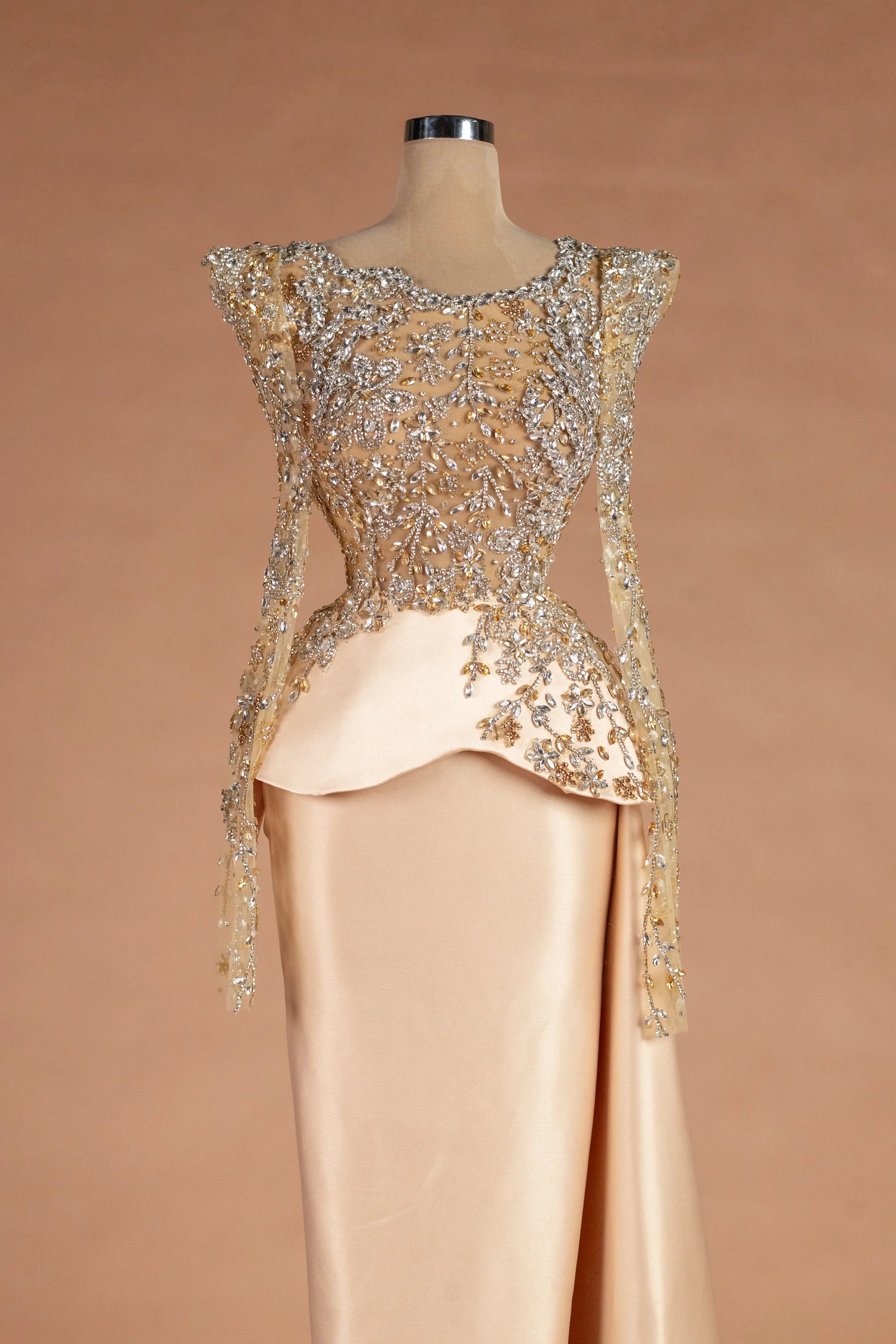 Sihëna Auric Solstice — champagne illusion long-sleeve column evening dress