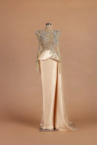 Sihëna Auric Solstice — champagne illusion long-sleeve column gown with a crystal-embroidered bodice.