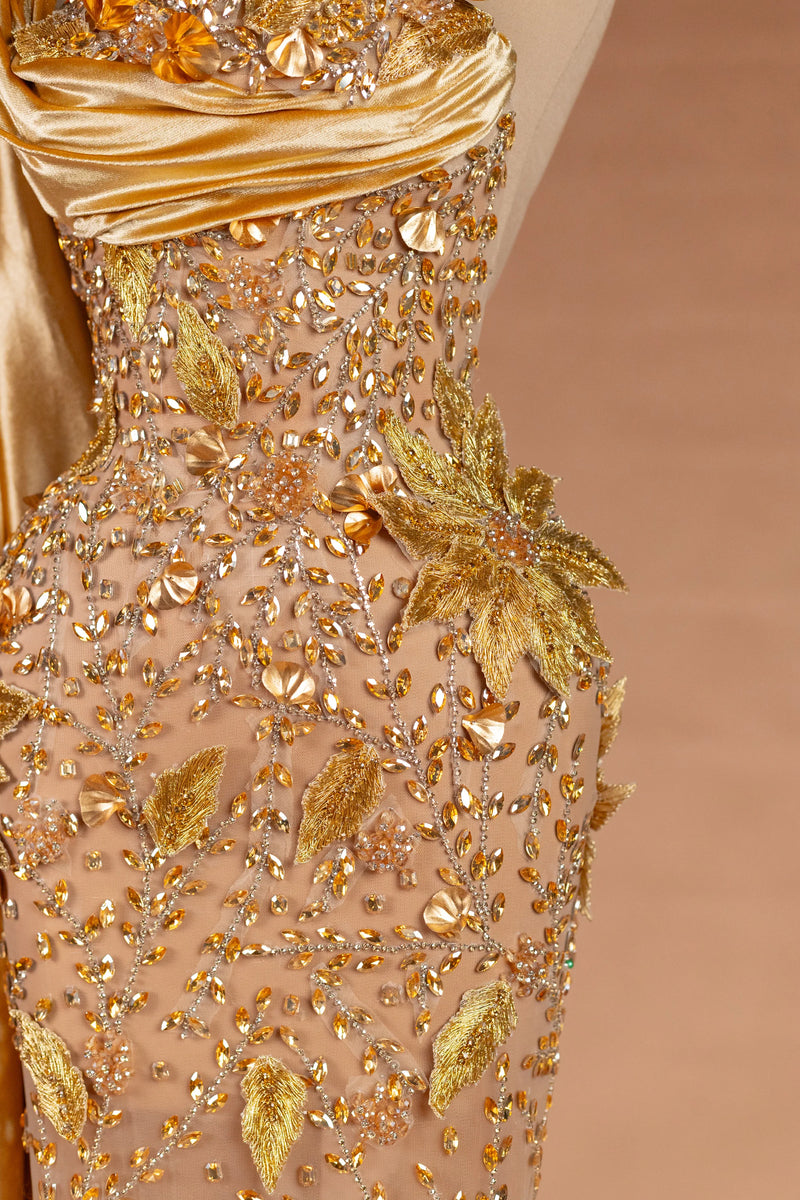 Sihëna Aurum Bower — gold strapless sleeveless column evening dress