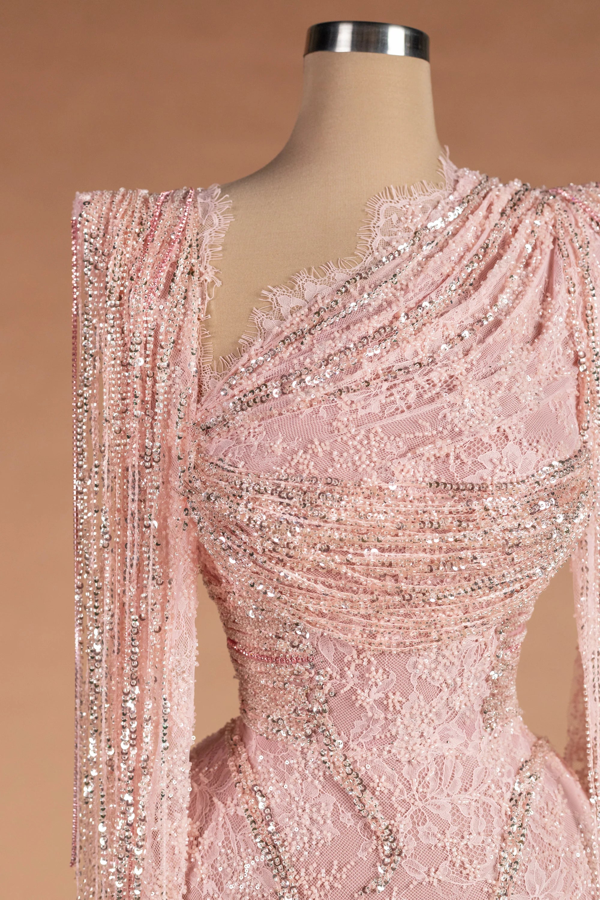 Sihëna Blush Cadence — blush asymmetric long-sleeve column evening dress