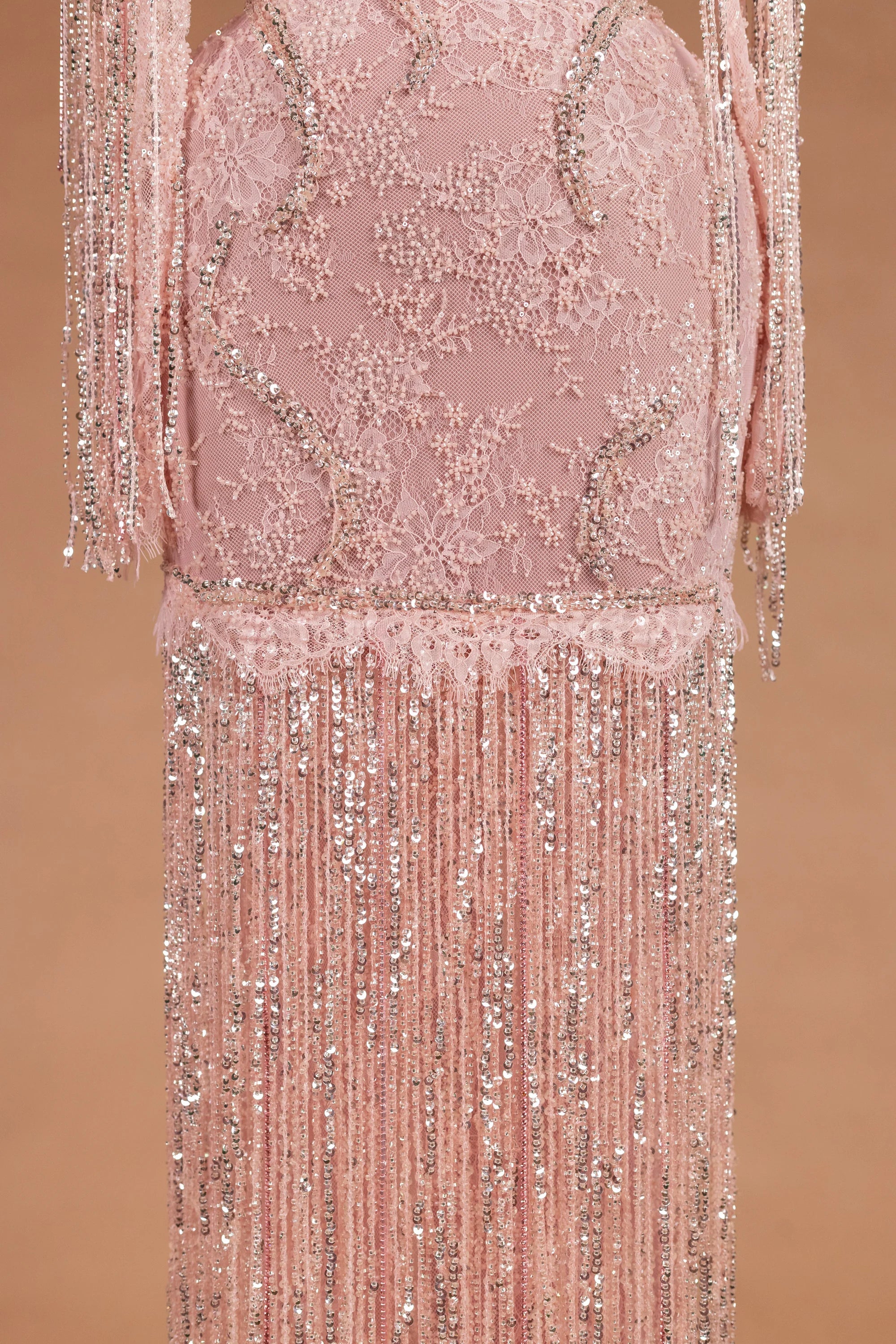 Sihëna Blush Cadence — blush asymmetric long-sleeve column evening dress