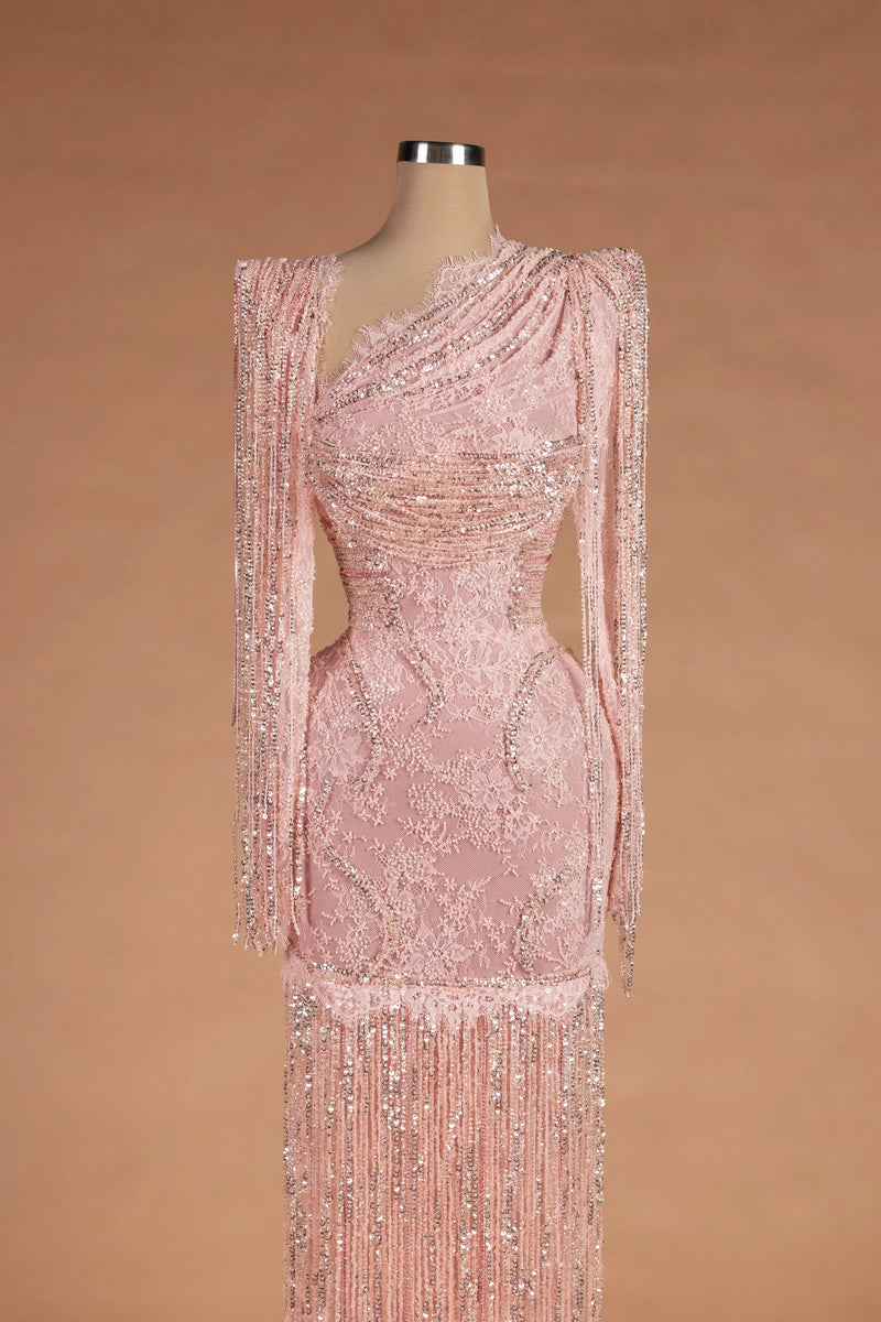 Sihëna Blush Cadence — blush asymmetric long-sleeve column evening dress