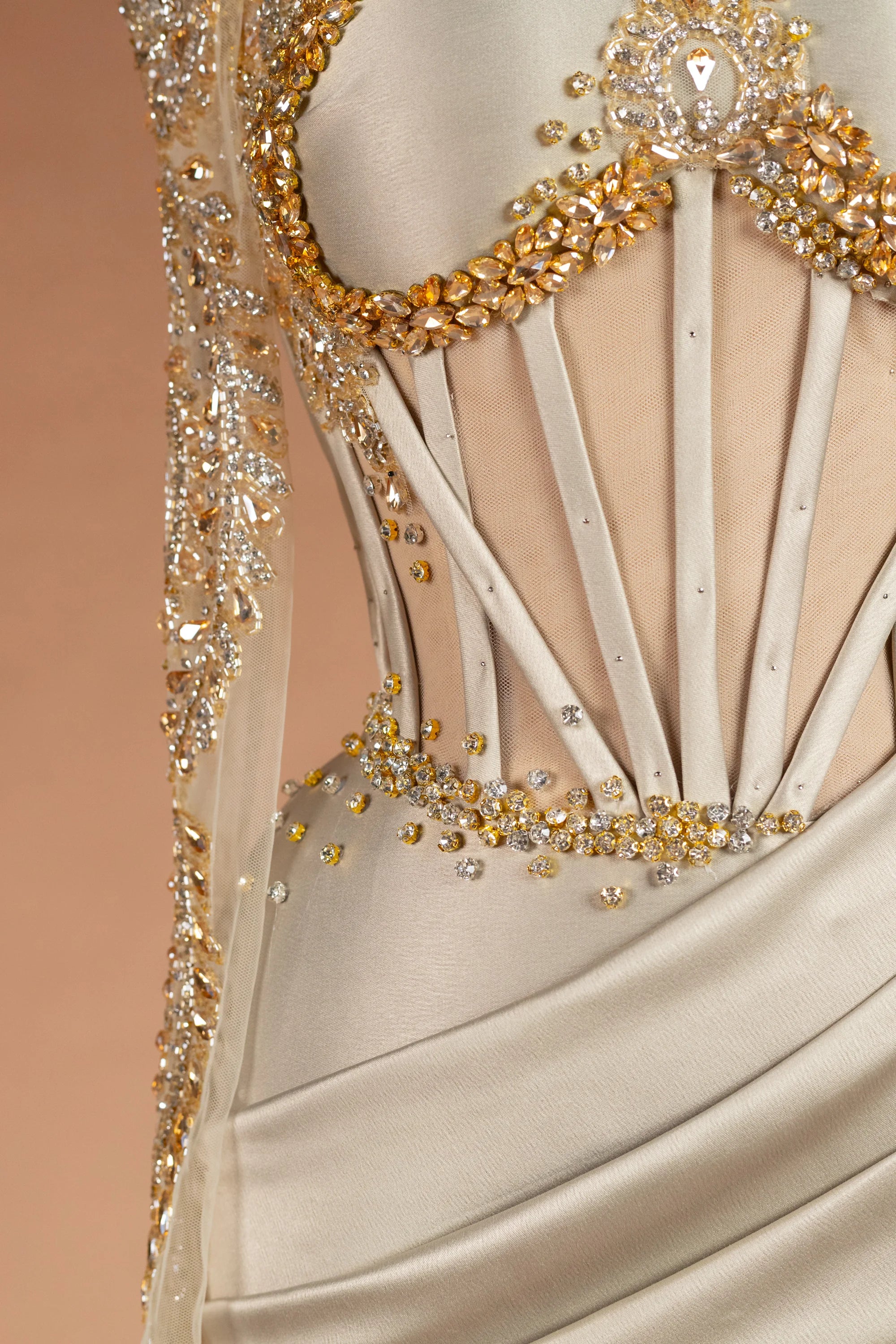 Sihëna Candlelight Fanfare — champagne illusion long-sleeve column evening dress