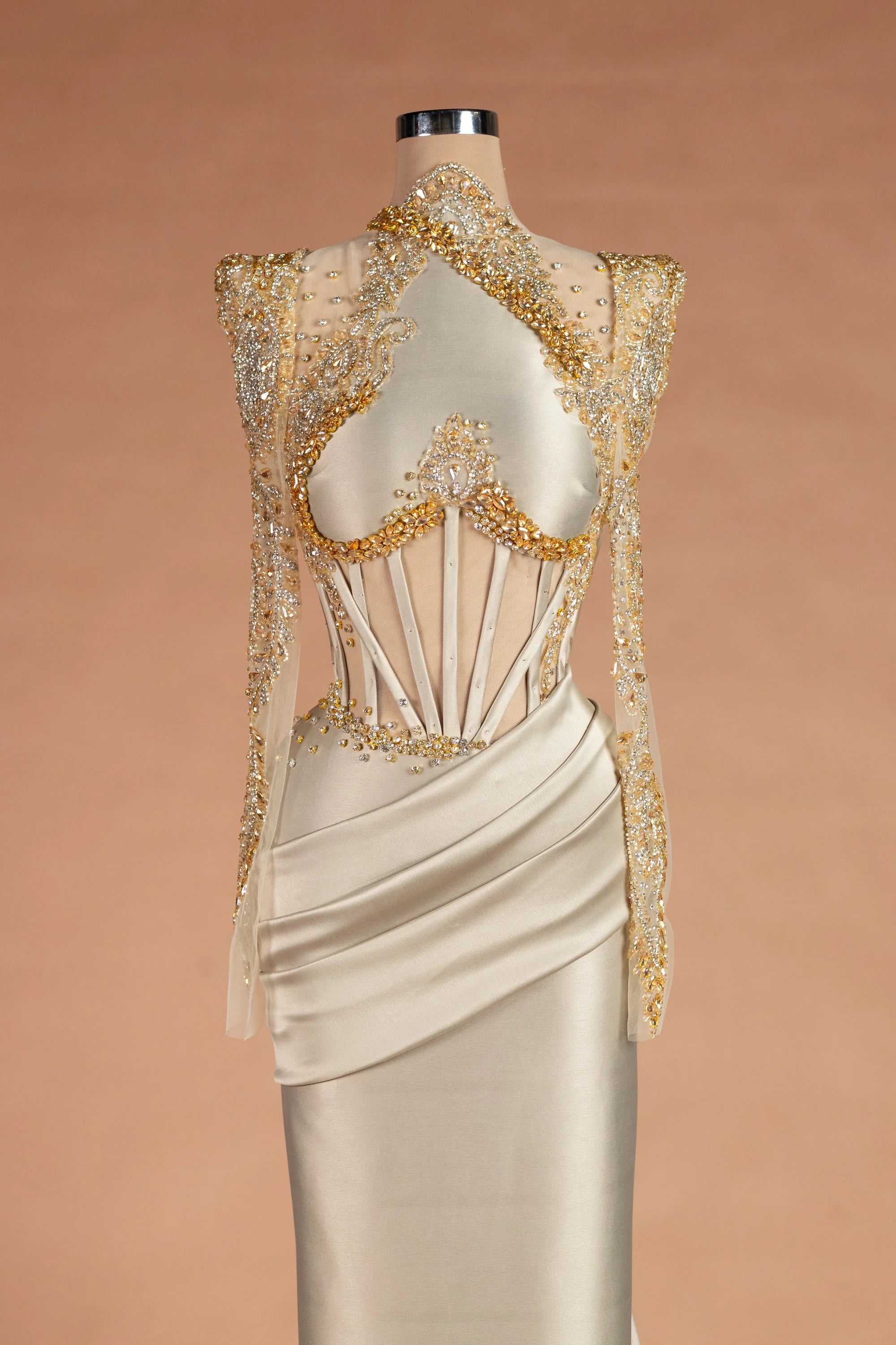 Sihëna Candlelight Fanfare — champagne illusion long-sleeve column evening dress