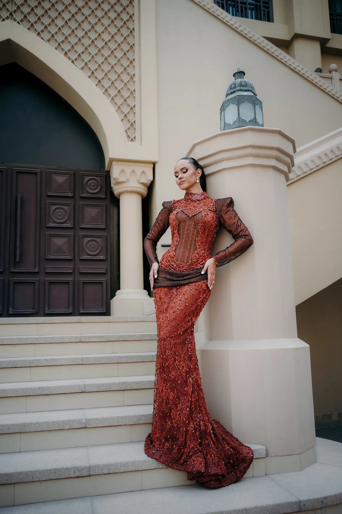 Sihëna Carnelian Sarabande — rust high-neck long-sleeve mermaid evening dress