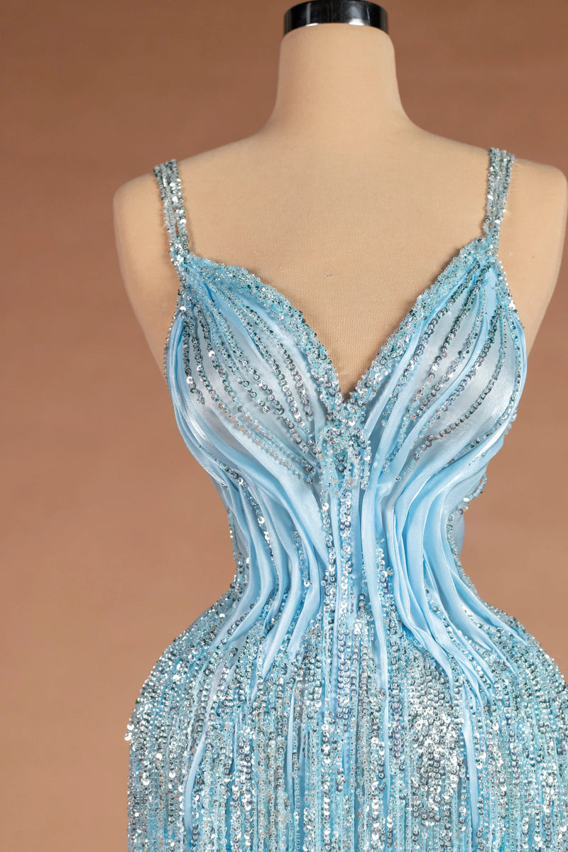 Sihëna Frost Fountain — powder-blue v-neck spaghetti-strap column evening dress