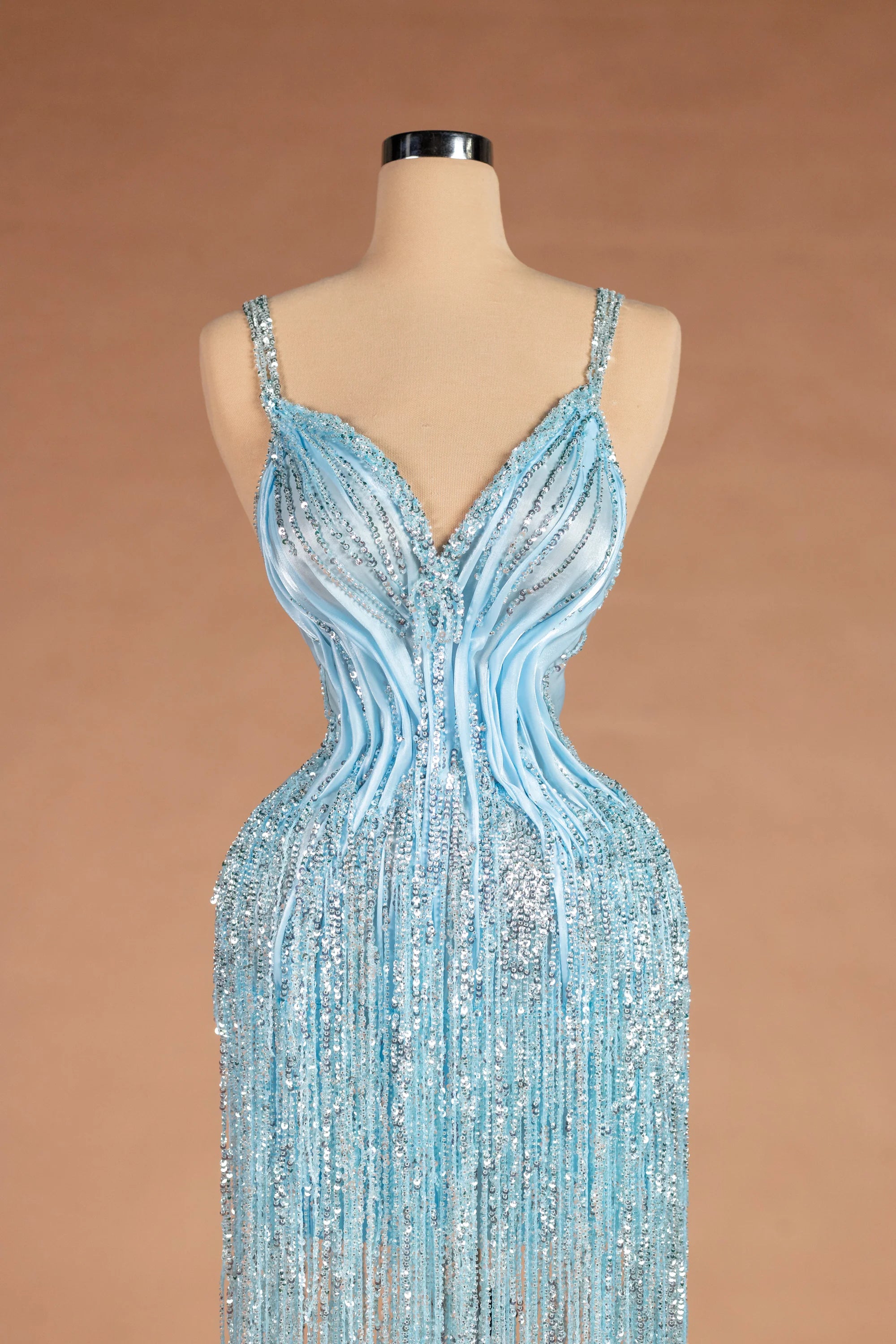 Sihëna Frost Fountain — powder-blue v-neck spaghetti-strap column evening dress