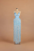 Sihëna Frost Fountain — powder-blue v-neck spaghetti-strap column gown with beaded sequin embellishment.