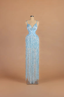 Sihëna Frost Fountain — powder-blue v-neck spaghetti-strap column gown with beaded sequin embellishment.