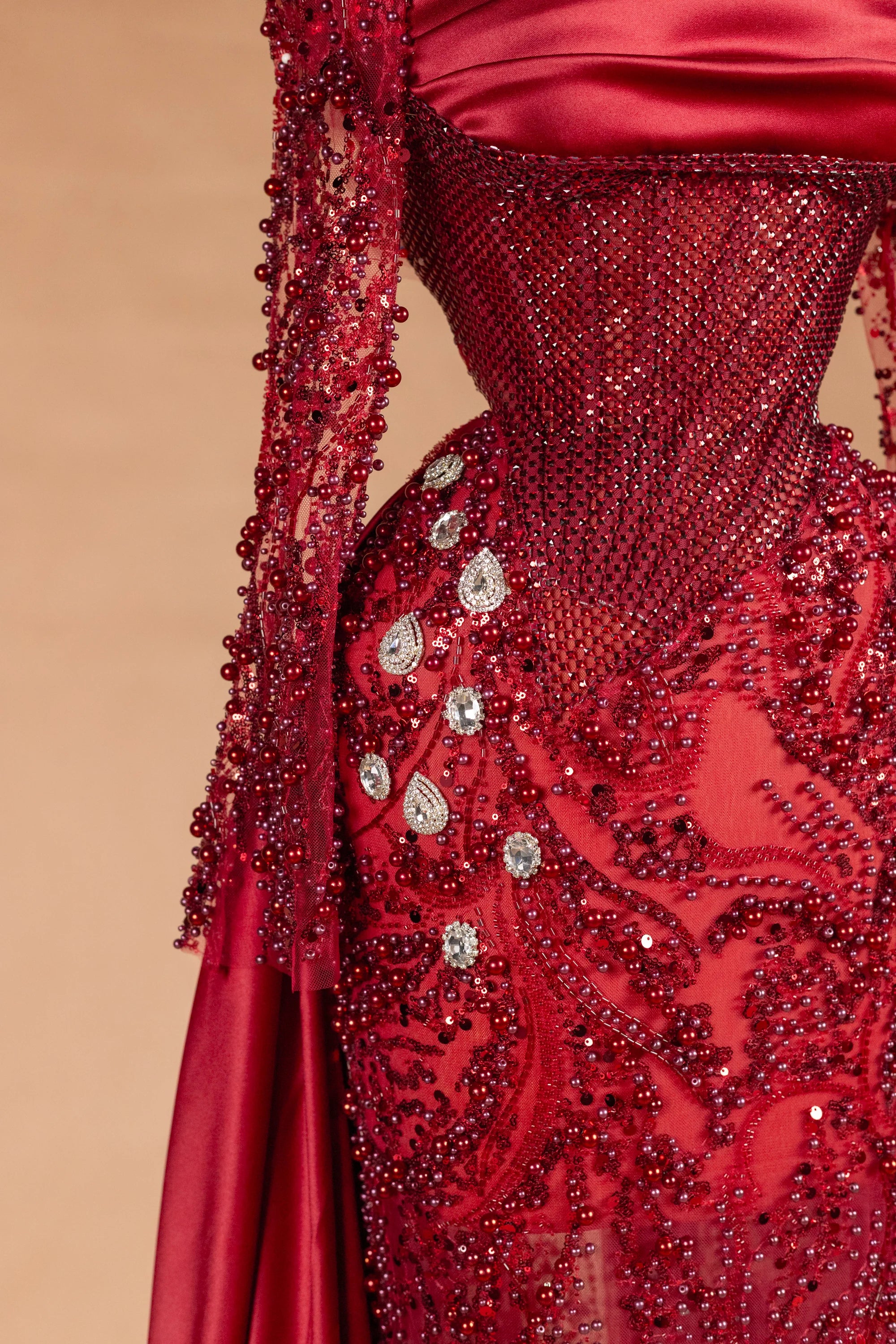 Sihëna Garnet Vesper — crimson high-neck long-sleeve column evening dress