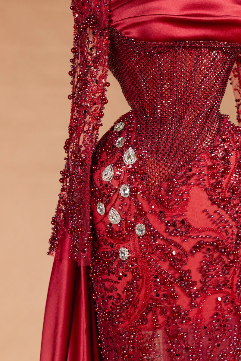 Sihëna Garnet Vesper — crimson high-neck long-sleeve column evening dress