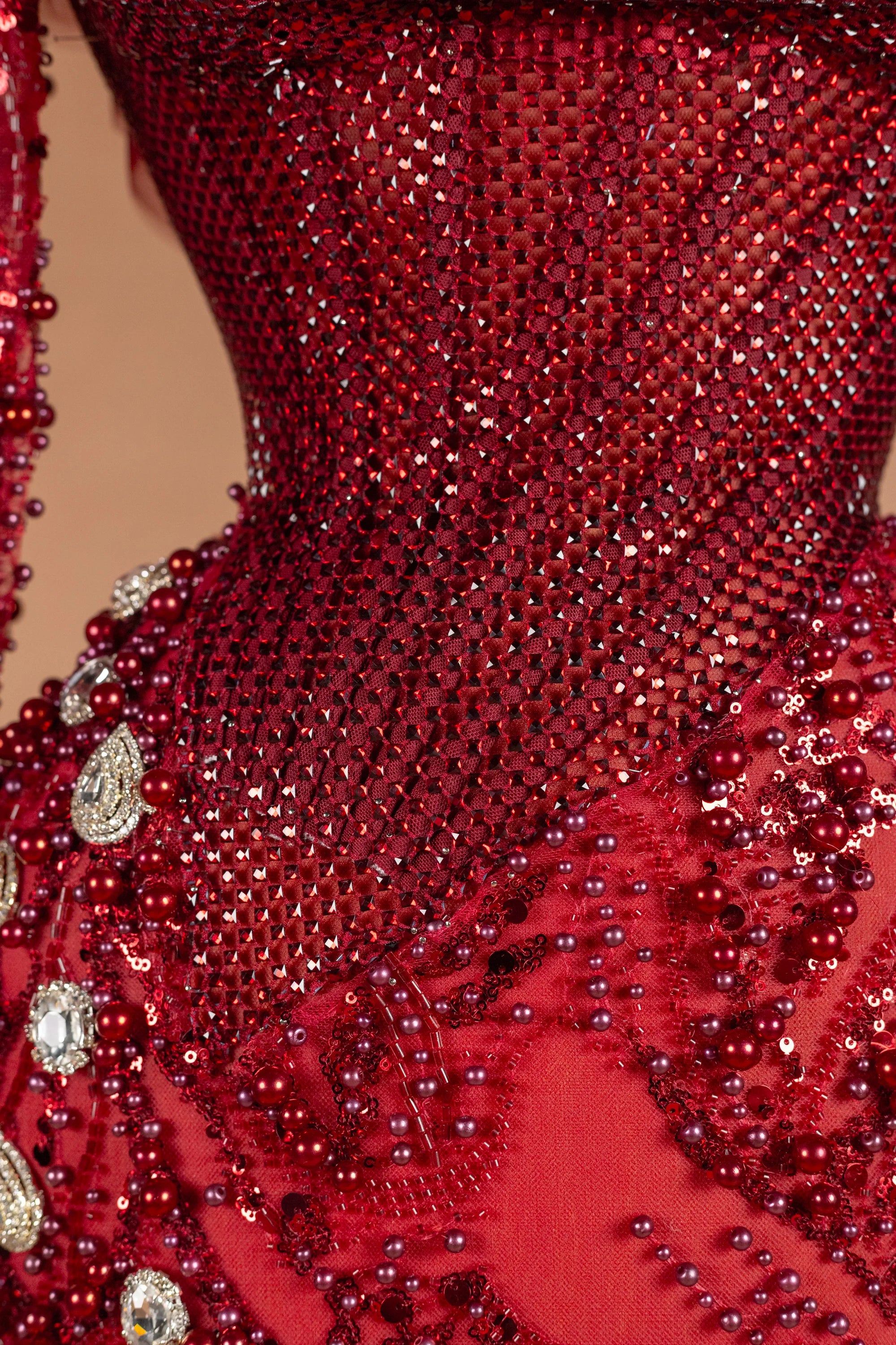 Sihëna Garnet Vesper — crimson high-neck long-sleeve column evening dress